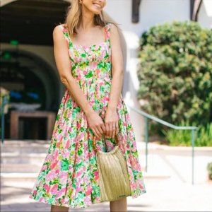 Tuckernuck Fiora Pink Yellow Floral Midi Pleat Accordion Dress Sundress Size 6